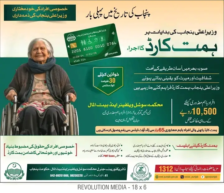 The Himat Card has been issued on the directives of Chief Minister Punjab, which is a historic initiative aimed at providing financial assistance to senior citizens and disabled persons. This card is designed to ensure transparency and merit in the selection process of the beneficiaries. A special 30% quota has been set aside for women applicants, providing additional support to this vulnerable group. Eligible individuals will get a monthly stipend of Rs 10,500 to improve their financial stability.

The program is administered by the Department of Social Welfare and Baitul-Mal Punjab, which focuses on the welfare of senior citizens, especially women above the age of 65 years. The program also caters to the disabled by offering special facilities and services. Applicants can apply online or contact the department through the phone numbers provided for assistance. To get more details, individuals can also call 1312 or visit their nearest district social welfare office for further guidance.